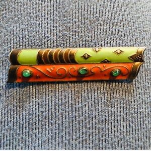 Vtg Astro Hungarian Sterling Silver Scroll Pin Green And Red Enamel Green Stones